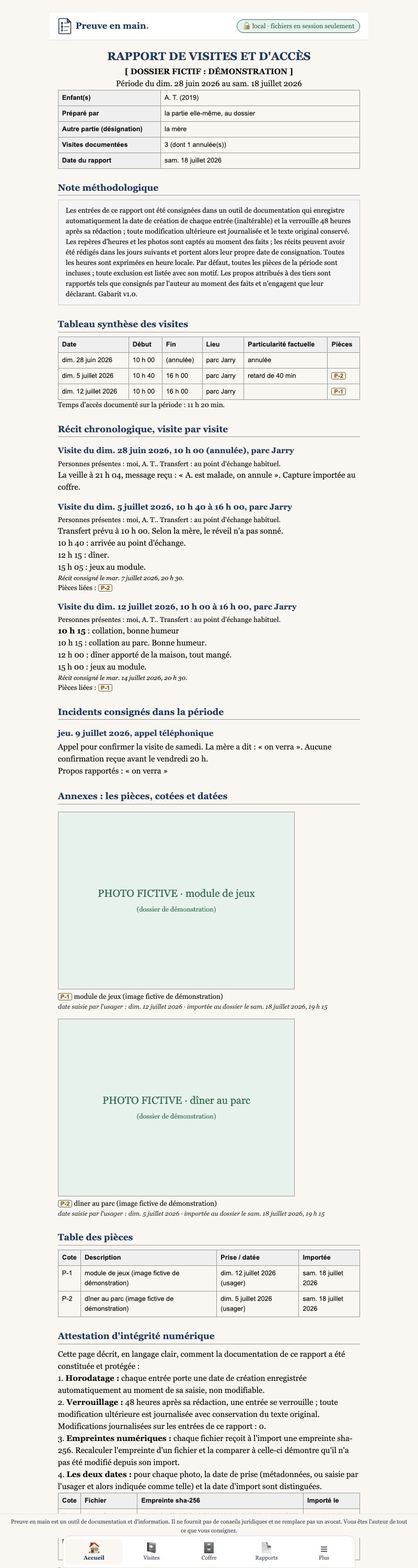 Rapport de visites généré : tableau synthèse, récit daté, annexes cotées, attestation d'intégrité
